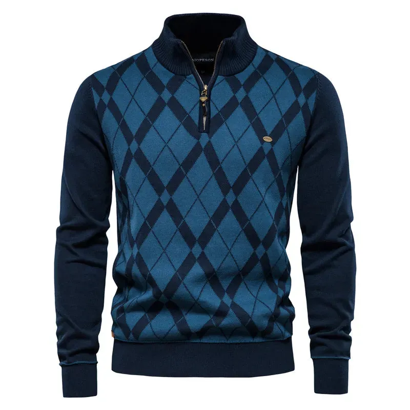 Men Sweaters Cotton Mock Neck Zipper Patchwork Pullover Men Winter High Quality Fashion Warm Sweaters for Men