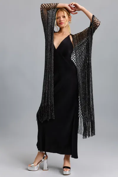 Metallic Crochet Fringed Kimono