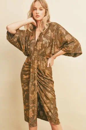 Metallic Floral Midi Dress - Golden Bronze