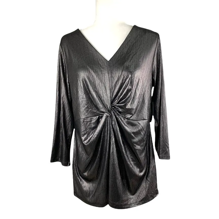Metallic Shimmer Twist front Top Plus Size OX V-Neck Women's Blouses
