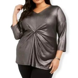 Metallic Shimmer Twist front Top Plus Size OX V-Neck Women's Blouses