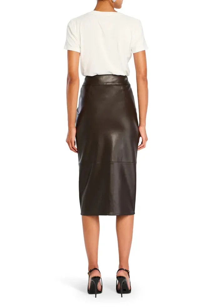 Millicent Vegan Leather High Rise Midi Skirt - Ash Brown