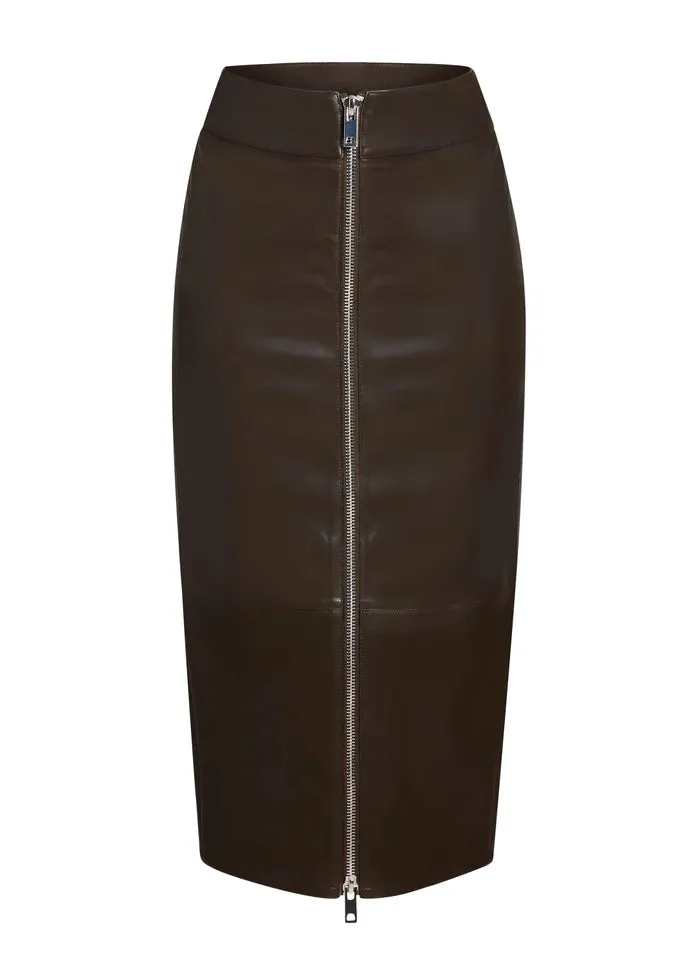Millicent Vegan Leather High Rise Midi Skirt - Ash Brown