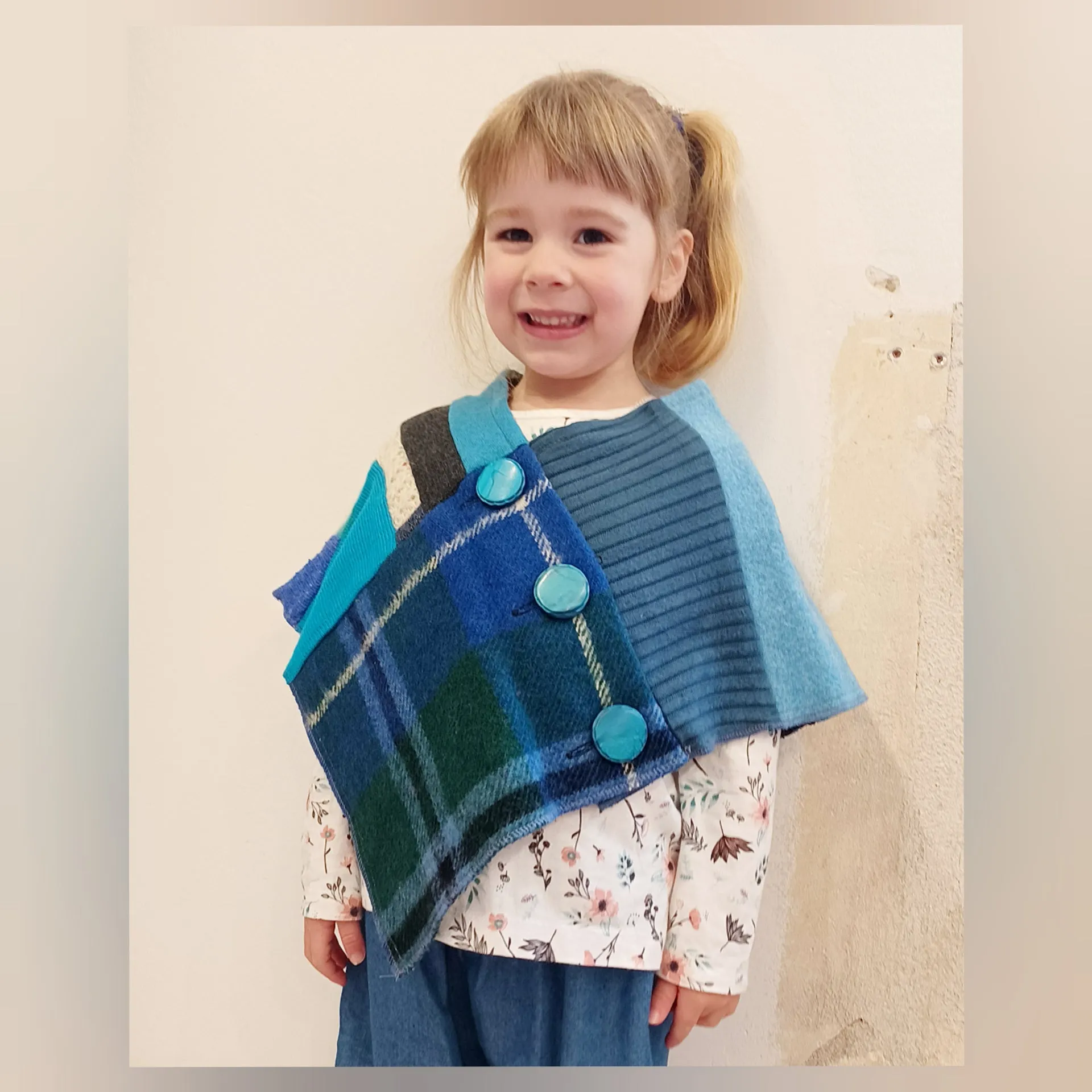 Mini Blueberry Tartan Upcycled Patchwork Poncho