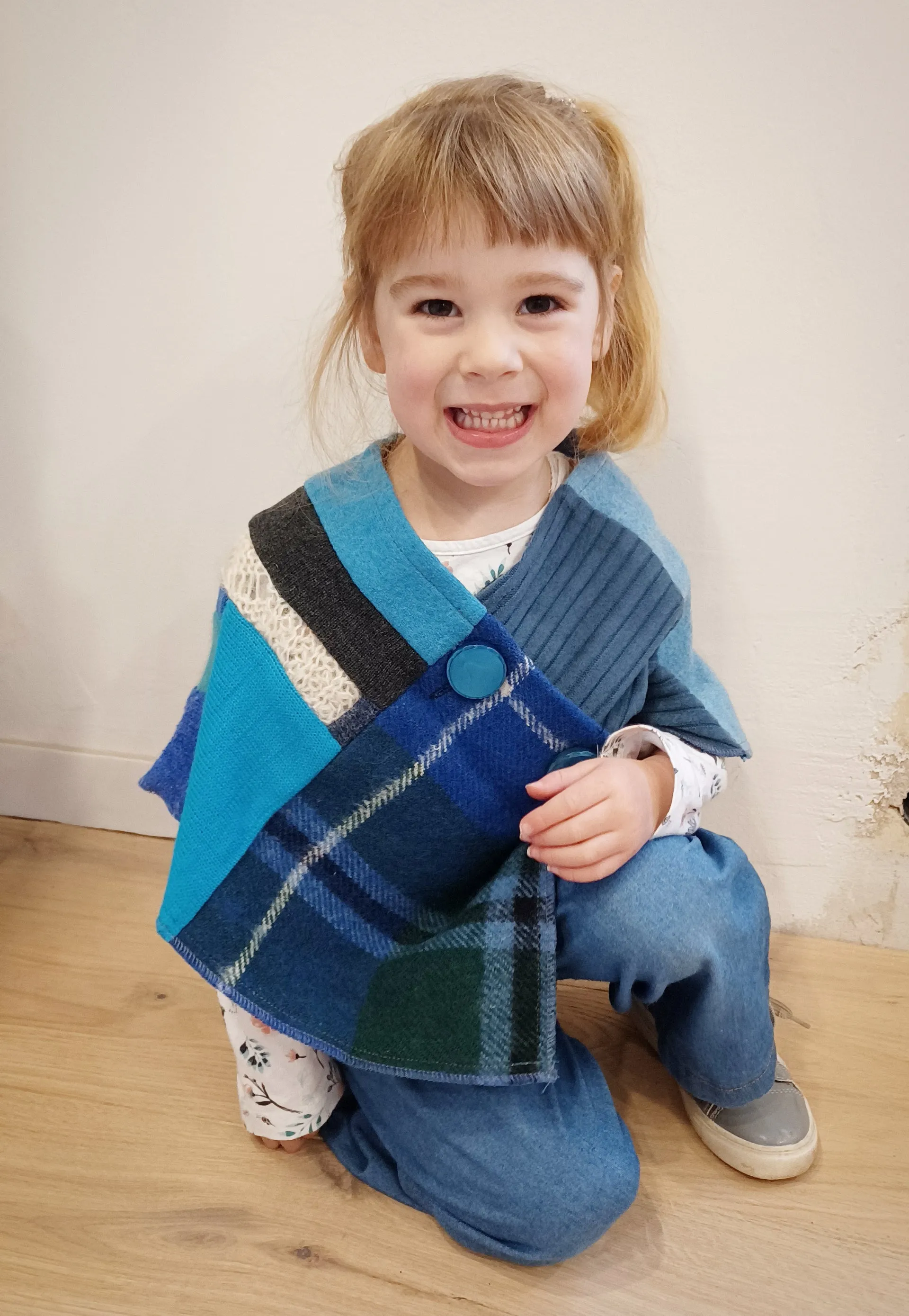 Mini Blueberry Tartan Upcycled Patchwork Poncho