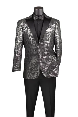 Modern Fit Jacquard Jacket with Matching Bow Tie Metallic Design Silver BM-4