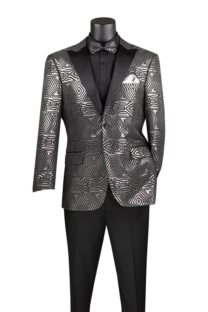 Modern Fit Jacquard Jacket with Matching Bow Tie Metallic Design Silver BM-4