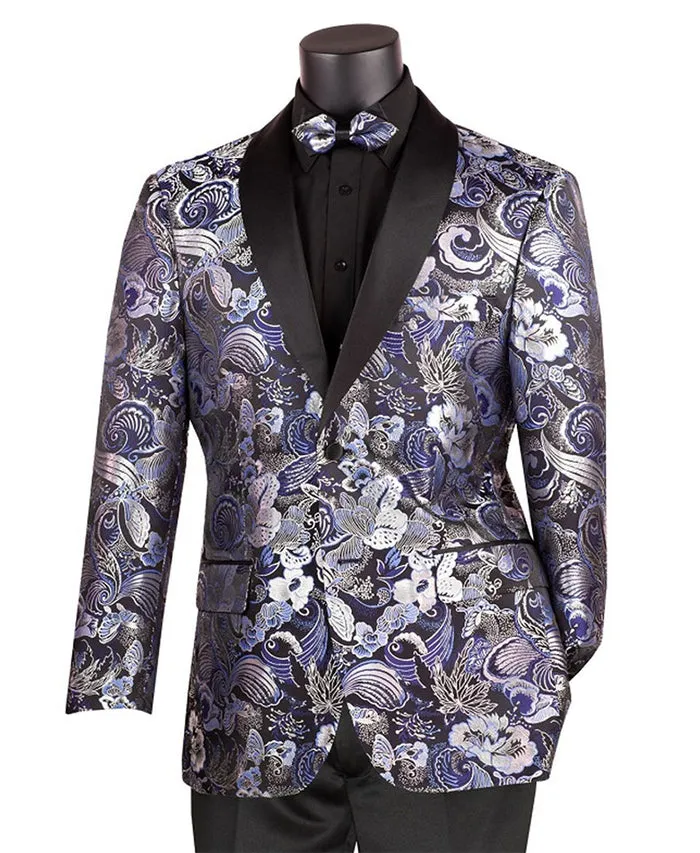 Modern Fit Paisley Pattern Jacquard Fabric Jacket with Bow Tie Navy BM-3