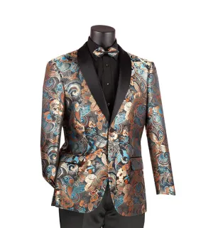 Modern Fit Paisley Pattern Jacquard Fabric Jacket with Bow Tie Teal BM-3
