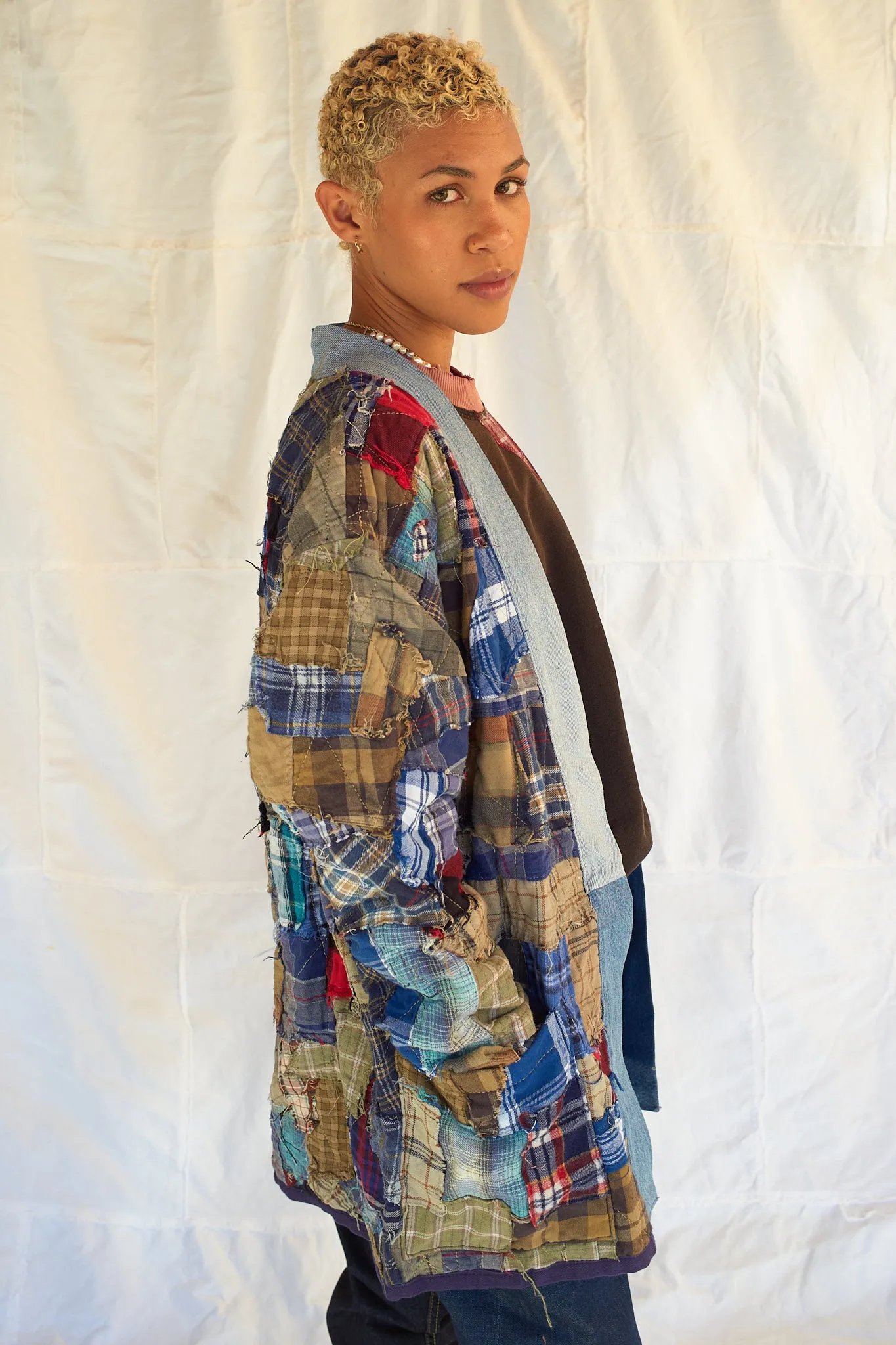 Mojave Reversible Kimono - Recycled Vintage US Flannel - Shadow Stripe Denim