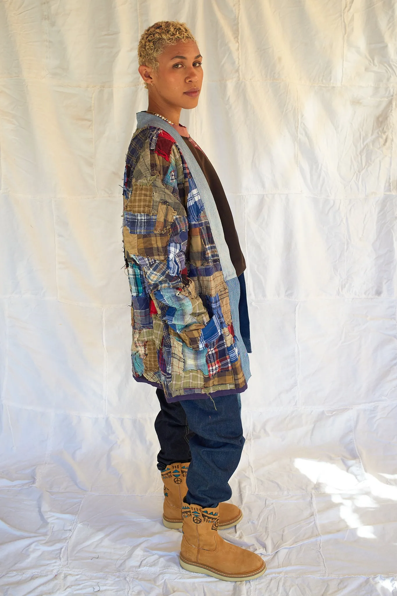 Mojave Reversible Kimono - Recycled Vintage US Flannel - Shadow Stripe Denim
