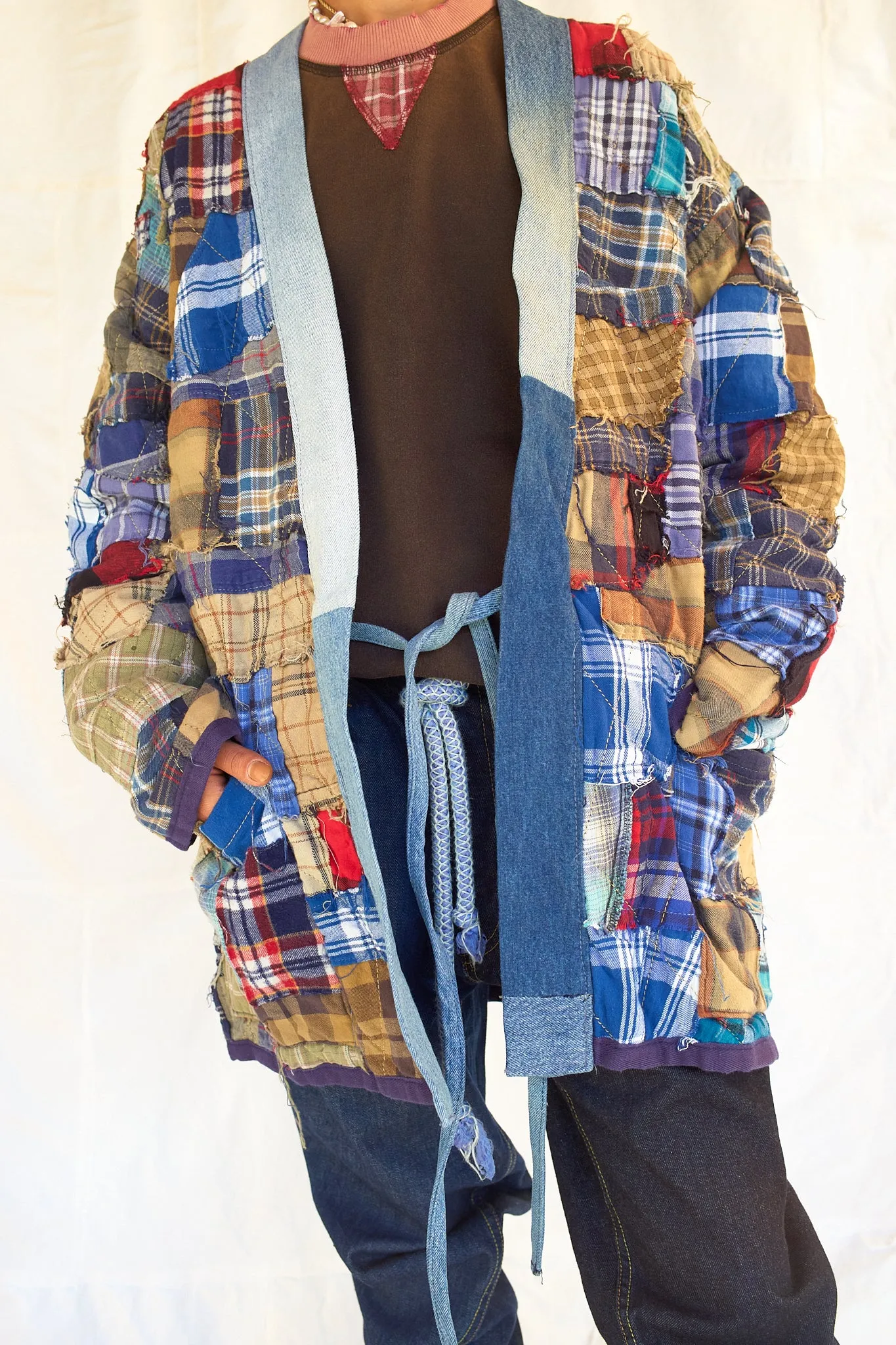Mojave Reversible Kimono - Recycled Vintage US Flannel - Shadow Stripe Denim