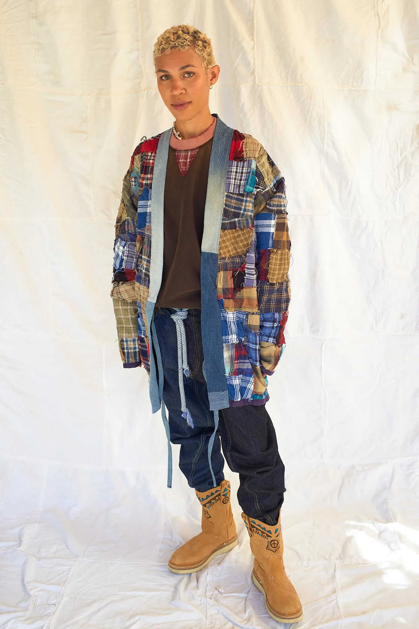 Mojave Reversible Kimono - Recycled Vintage US Flannel - Shadow Stripe Denim