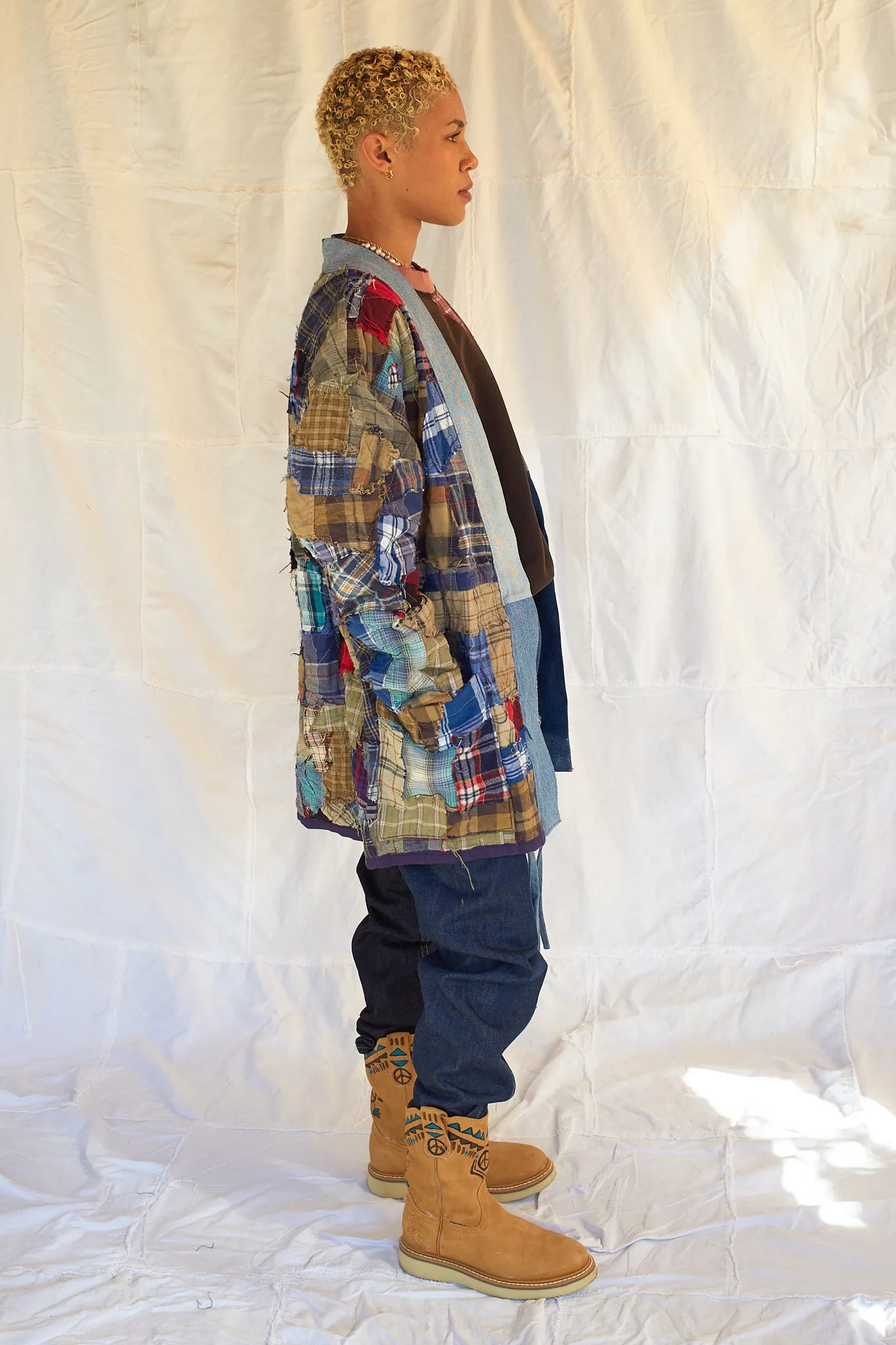 Mojave Reversible Kimono - Recycled Vintage US Flannel - Shadow Stripe Denim