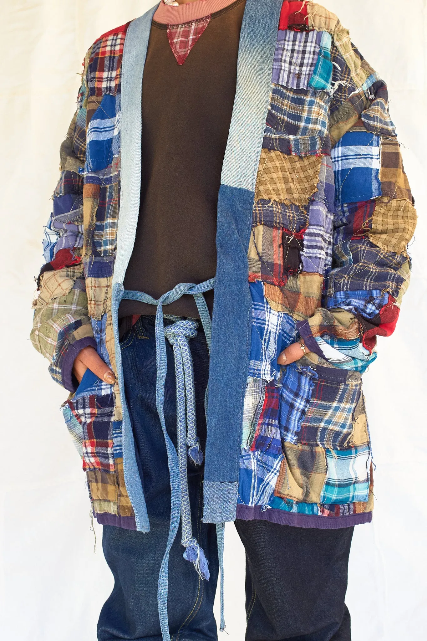 Mojave Reversible Kimono - Recycled Vintage US Flannel - Shadow Stripe Denim