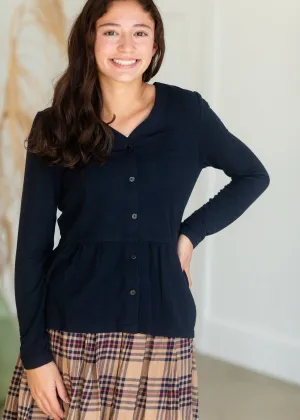 Navy Button Long Sleeve Peplum Top - FINAL SALE