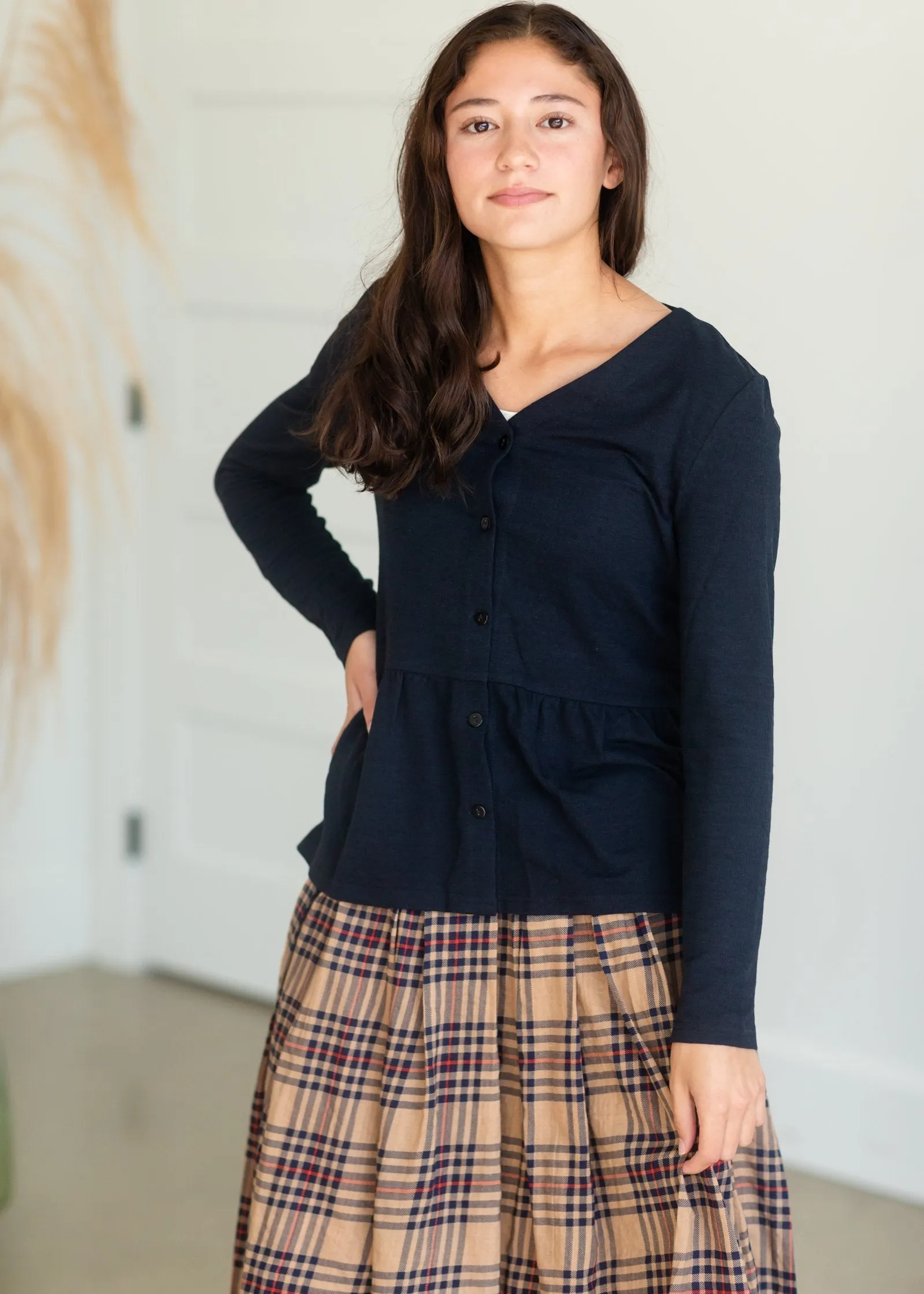 Navy Button Long Sleeve Peplum Top - FINAL SALE