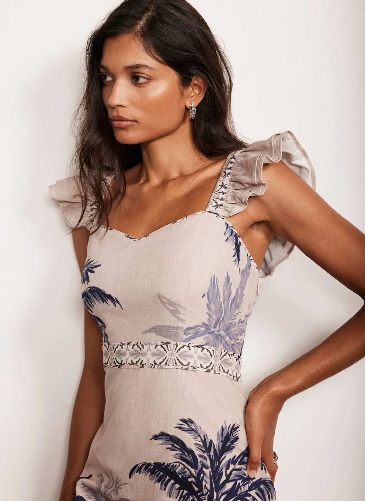 Neutral Palm Print Midi Dress