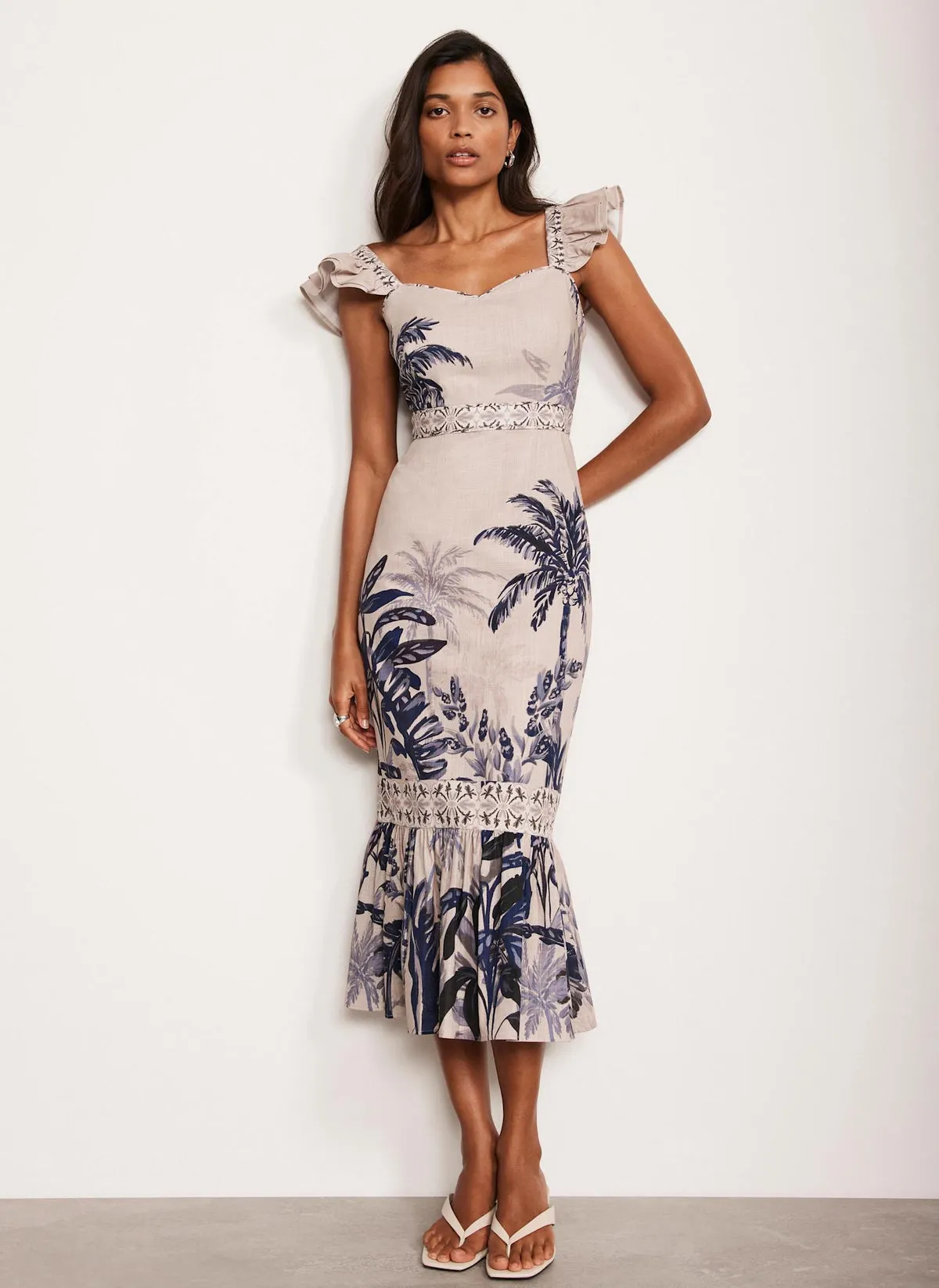 Neutral Palm Print Midi Dress
