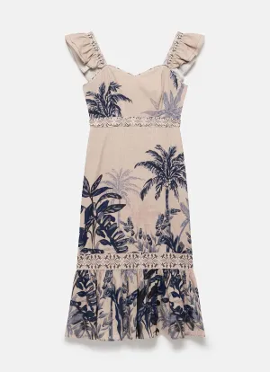 Neutral Palm Print Midi Dress