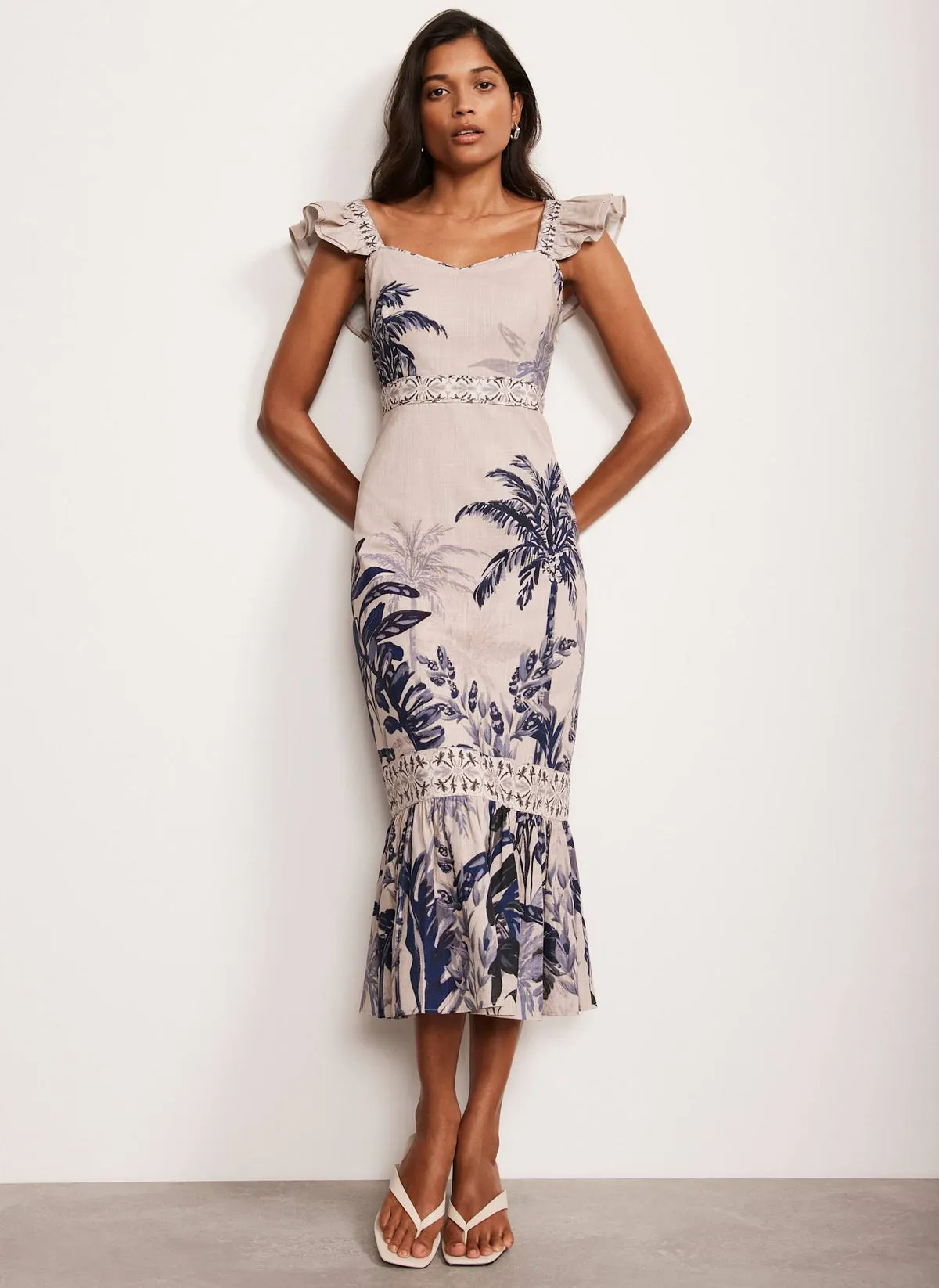 Neutral Palm Print Midi Dress