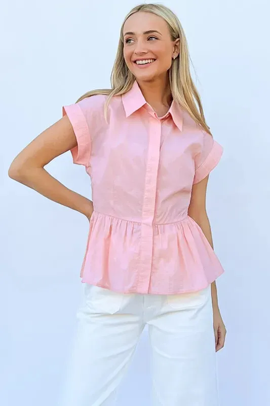 New Cap Sleeve Peplum Blouse For Women – Elegant Button Down Fitted Waist Top for Work and Casual Wear