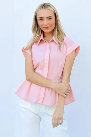New Cap Sleeve Peplum Blouse For Women – Elegant Button Down Fitted Waist Top for Work and Casual Wear