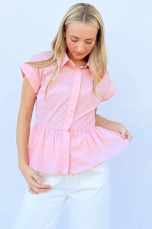 New Cap Sleeve Peplum Blouse For Women – Elegant Button Down Fitted Waist Top for Work and Casual Wear