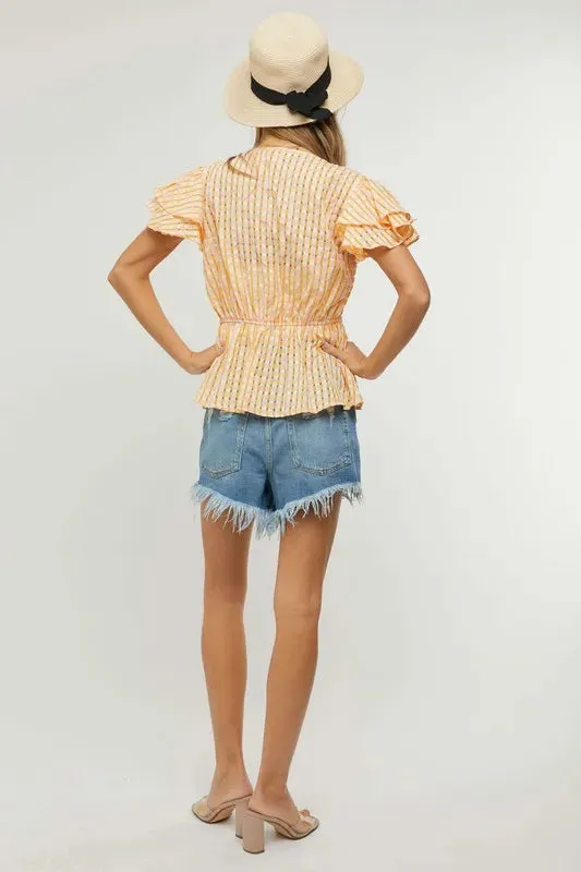 New Gingham Shirred Ruffle Peplum Top For Women – V-Neck Plaid Blouse with Feminine Details for Spring & Summer