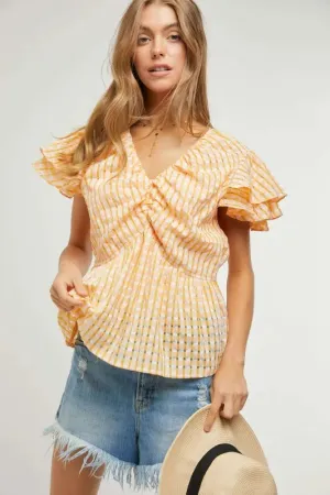 New Gingham Shirred Ruffle Peplum Top For Women – V-Neck Plaid Blouse with Feminine Details for Spring & Summer