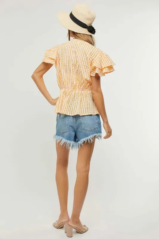 New Gingham Shirred Ruffle Peplum Top For Women – V-Neck Plaid Blouse with Feminine Details for Spring & Summer
