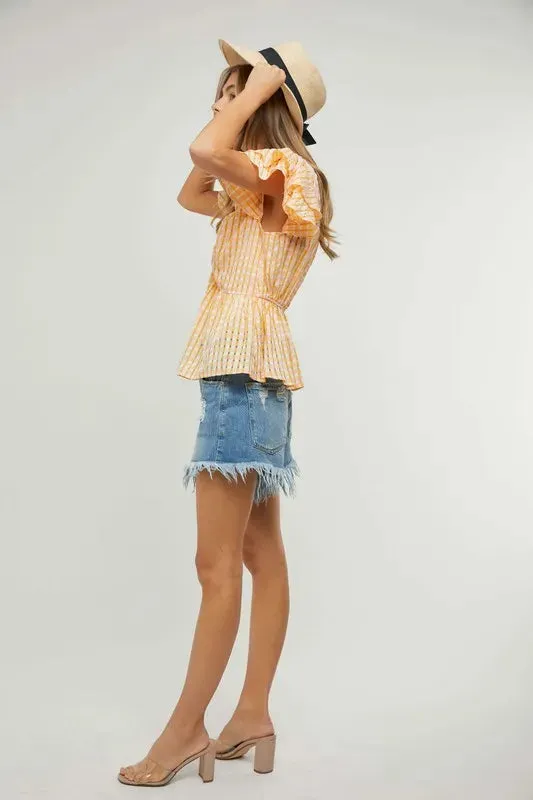 New Gingham Shirred Ruffle Peplum Top For Women – V-Neck Plaid Blouse with Feminine Details for Spring & Summer