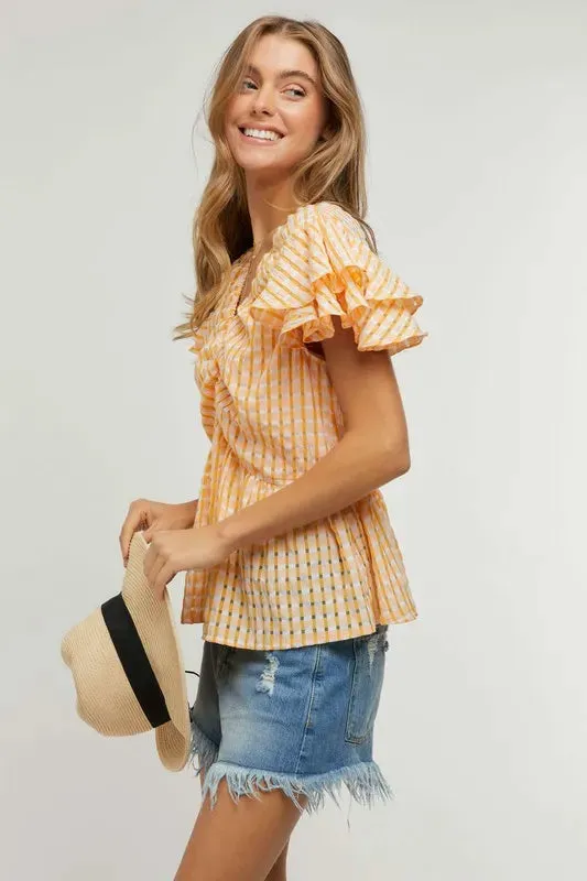 New Gingham Shirred Ruffle Peplum Top For Women – V-Neck Plaid Blouse with Feminine Details for Spring & Summer