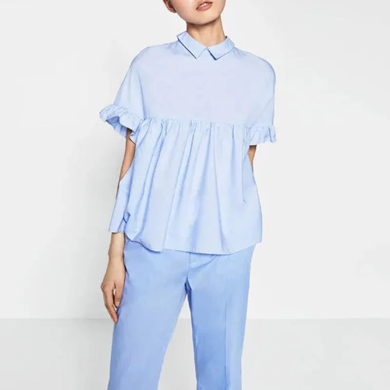 Novelty cropped women lapel collar blouses lady fold lotus sleeves loose shirt tops with bow LBBI0510-2