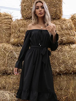 Off-Shoulder Ruffle Midi Dress with Belted Waist and Long Sleeves