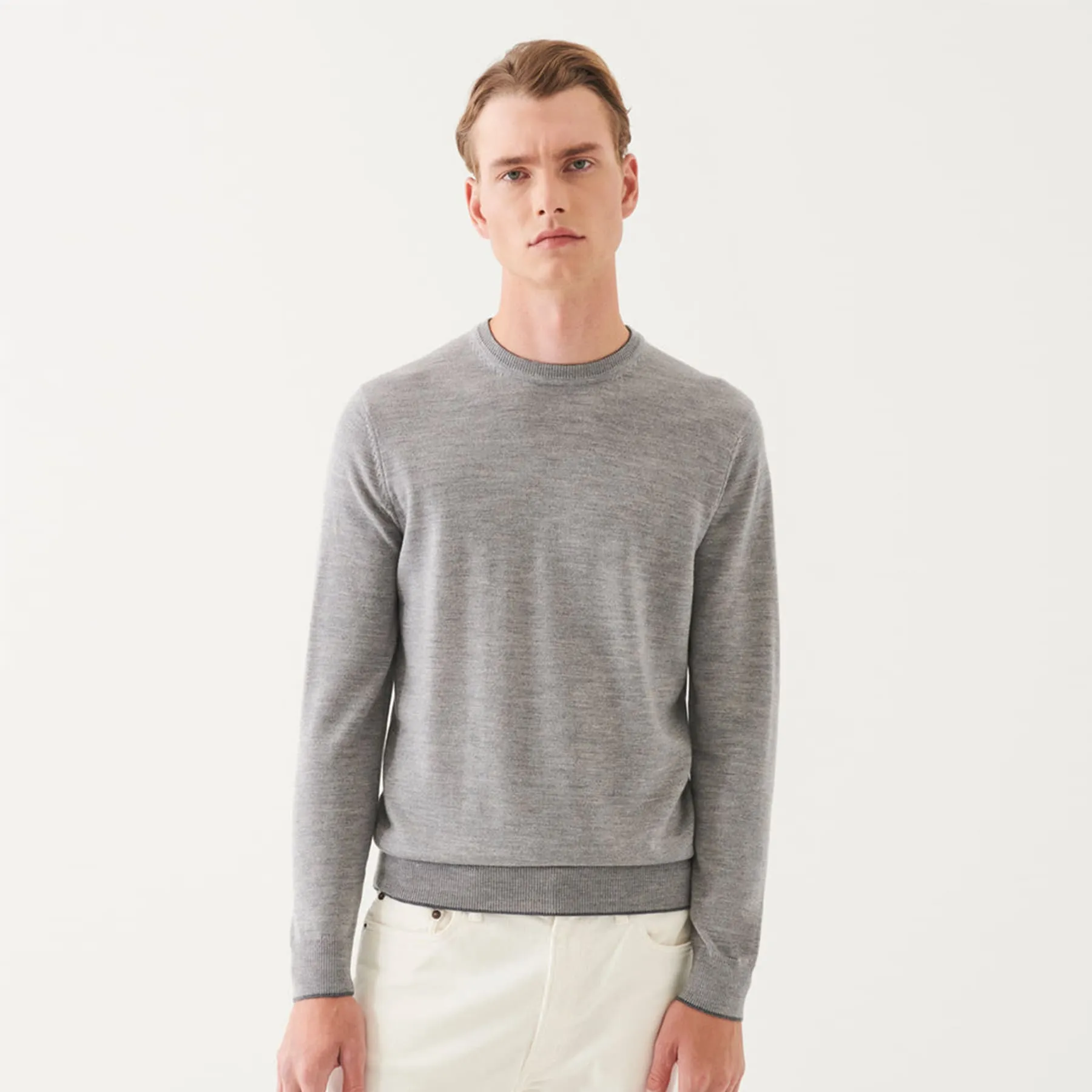 Patrick Assaraf Merino Crewneck with Elbow Patches - Mist Shadow Gray