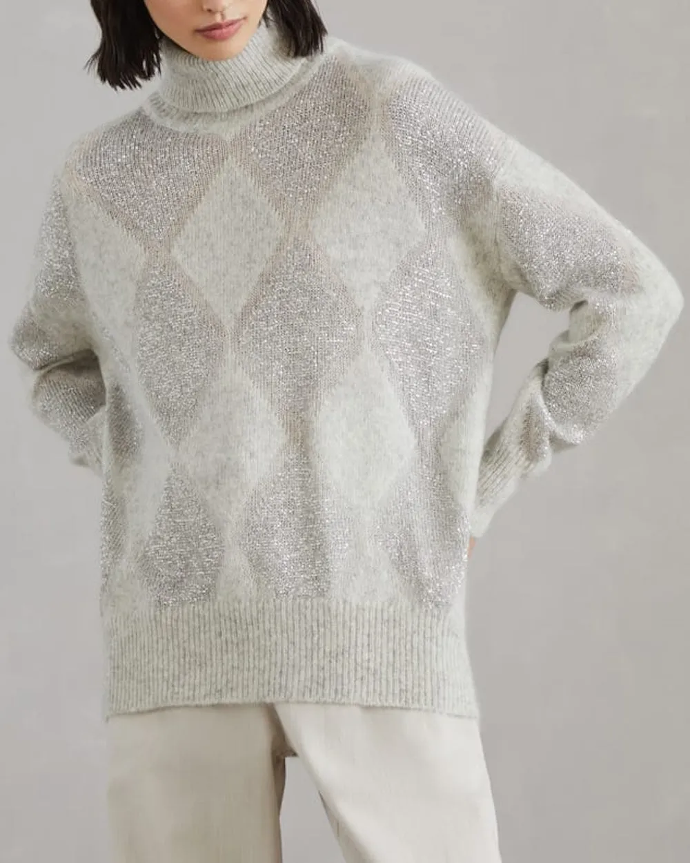 Pearl Grey Paillette Argyle Mockneck Sweater