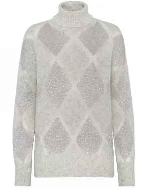 Pearl Grey Paillette Argyle Mockneck Sweater