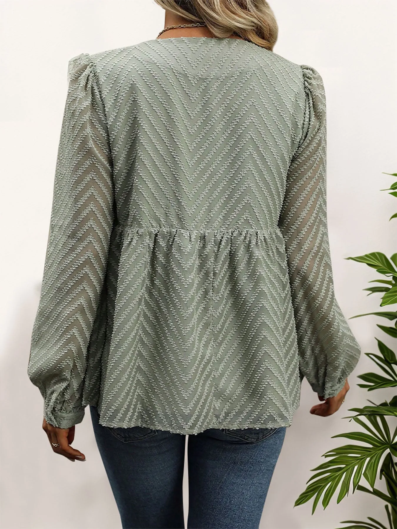 Perfee Peplum Round Neck Long Sleeve Blouse for Women