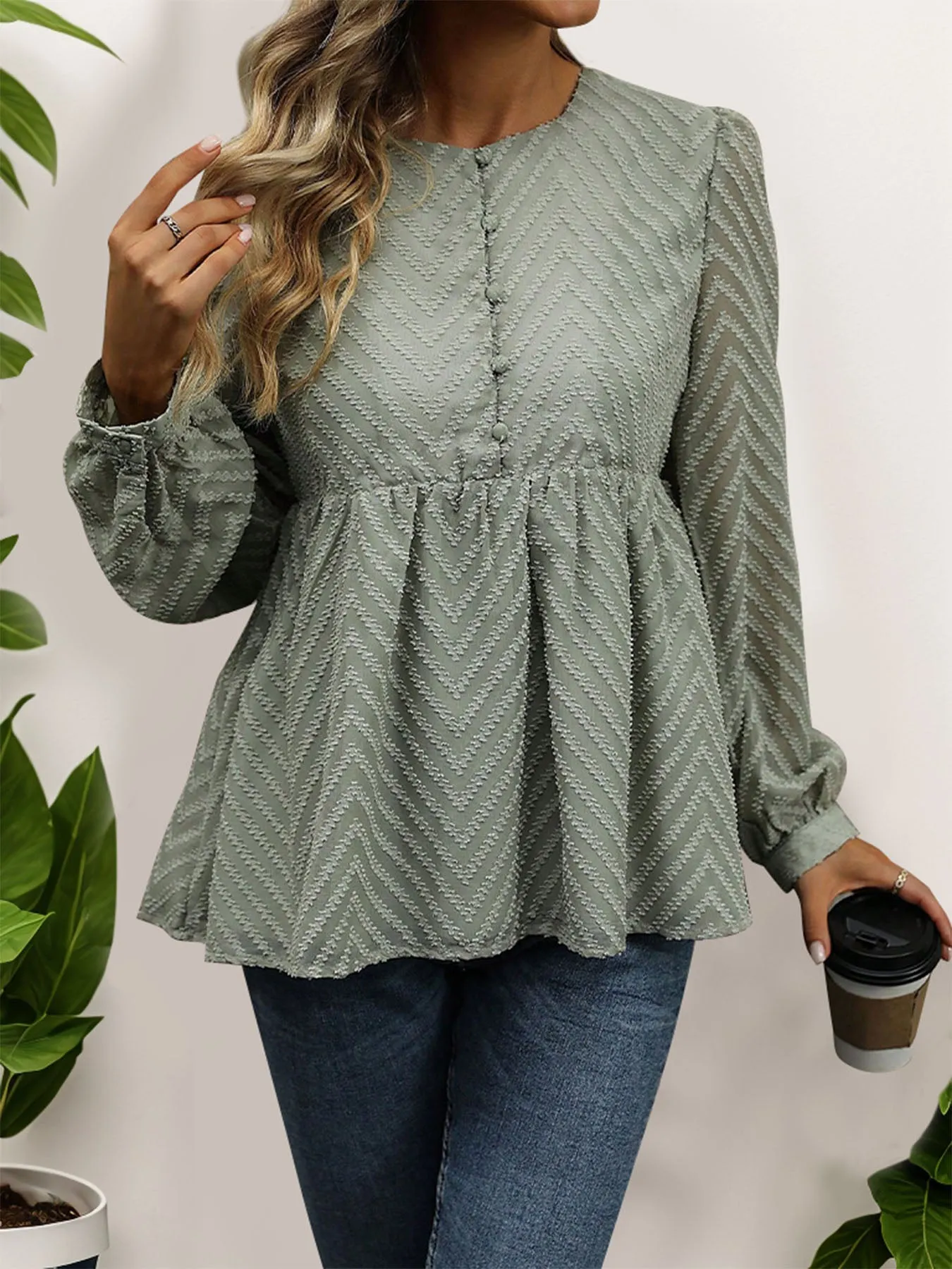 Perfee Peplum Round Neck Long Sleeve Blouse for Women