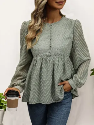 Perfee Peplum Round Neck Long Sleeve Blouse for Women
