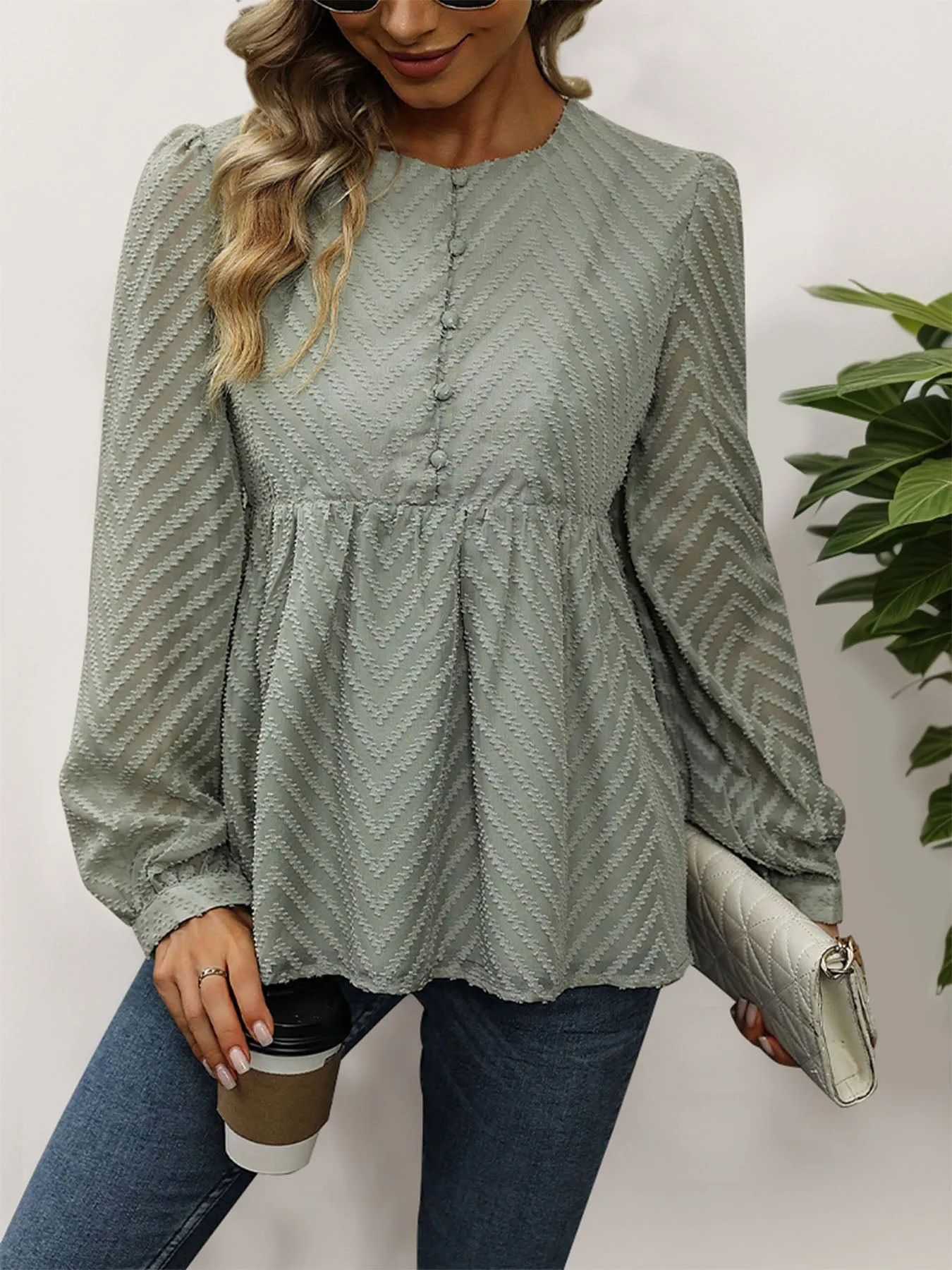 Perfee Peplum Round Neck Long Sleeve Blouse for Women