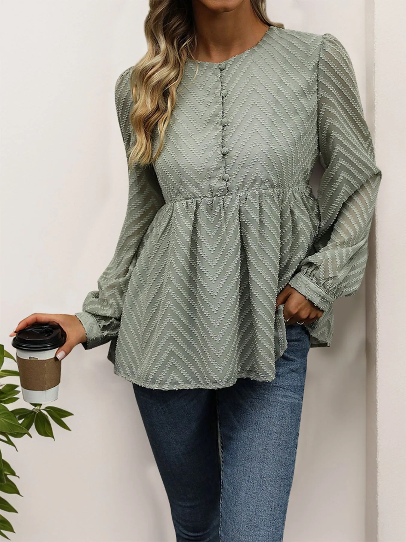 Perfee Peplum Round Neck Long Sleeve Blouse for Women