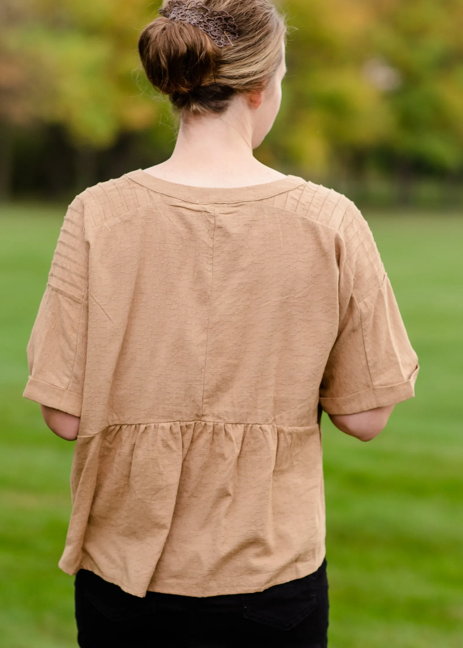 Pin-Tuck Textured Linen Tassel Half Sleeve Top - FINAL SALE