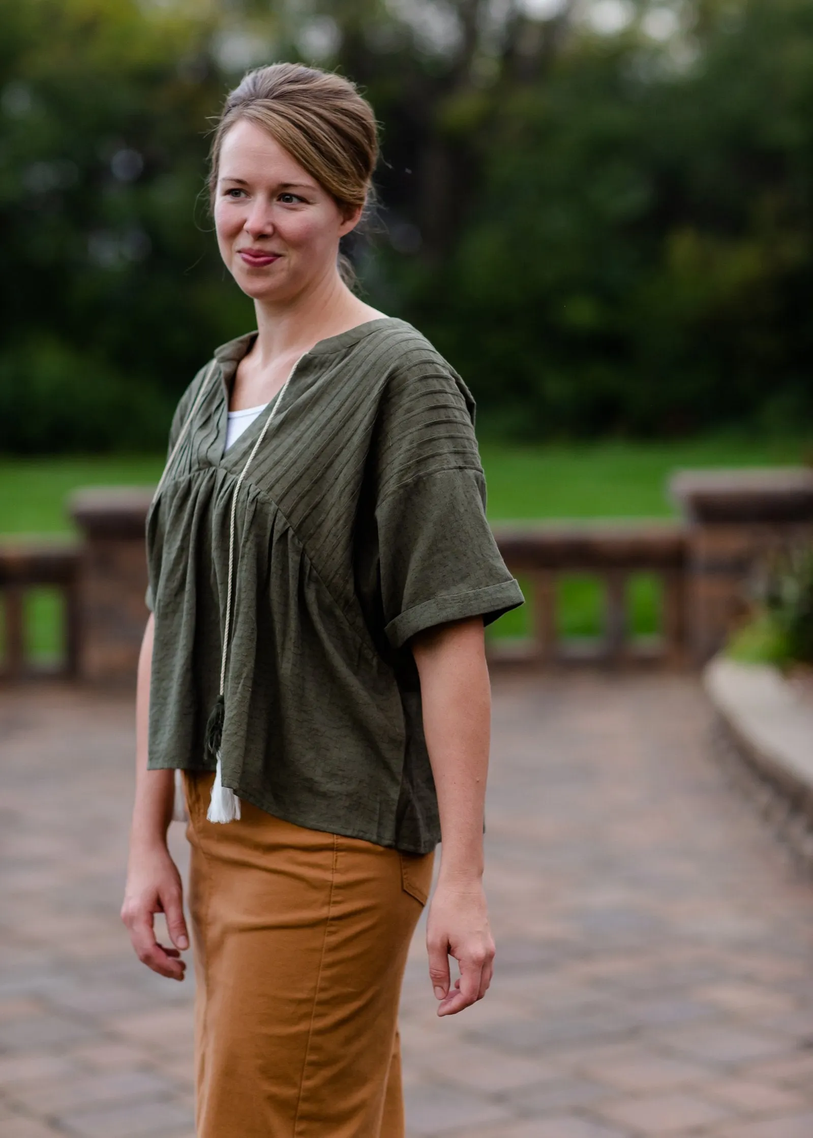 Pin-Tuck Textured Linen Tassel Half Sleeve Top - FINAL SALE