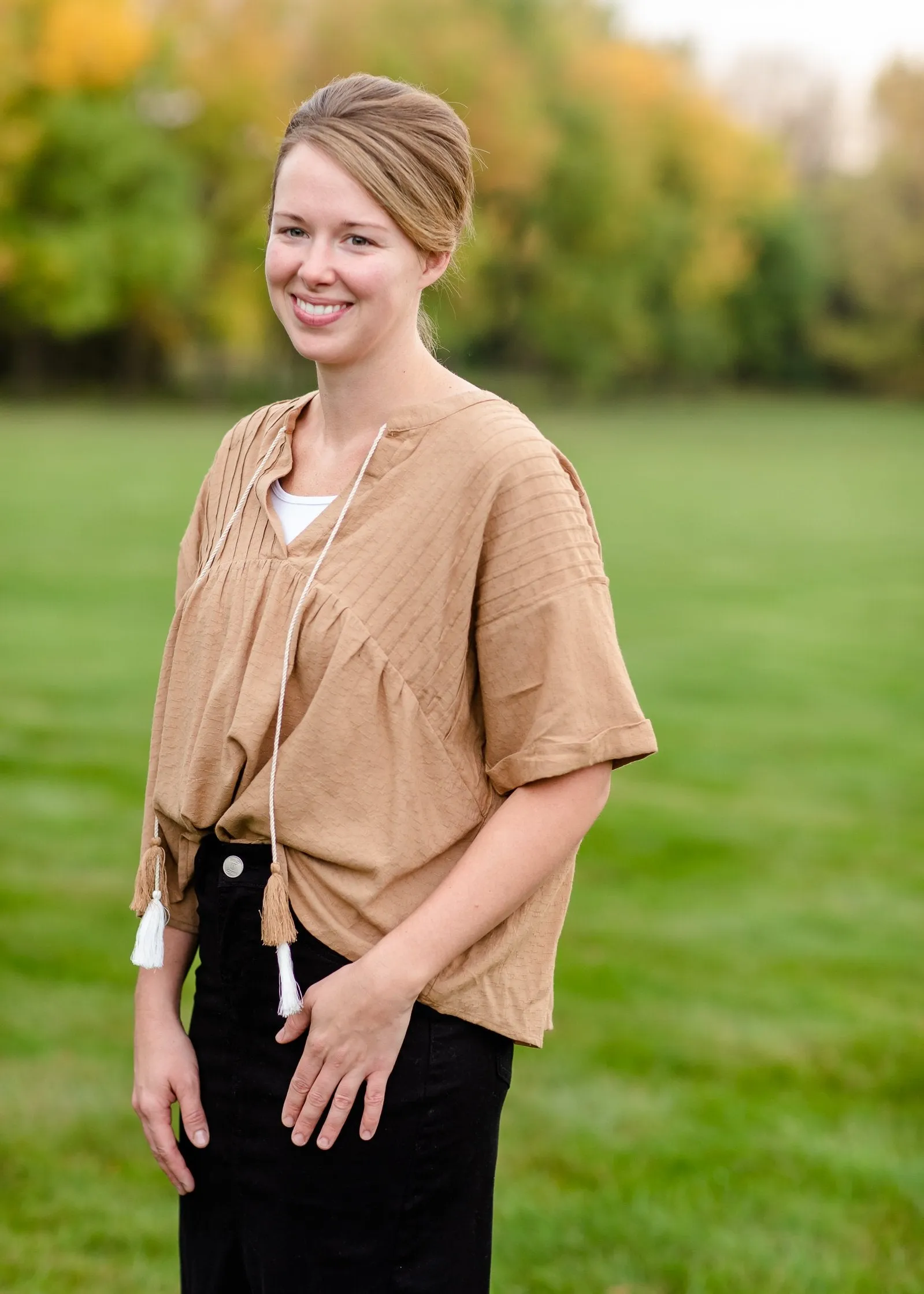 Pin-Tuck Textured Linen Tassel Half Sleeve Top - FINAL SALE