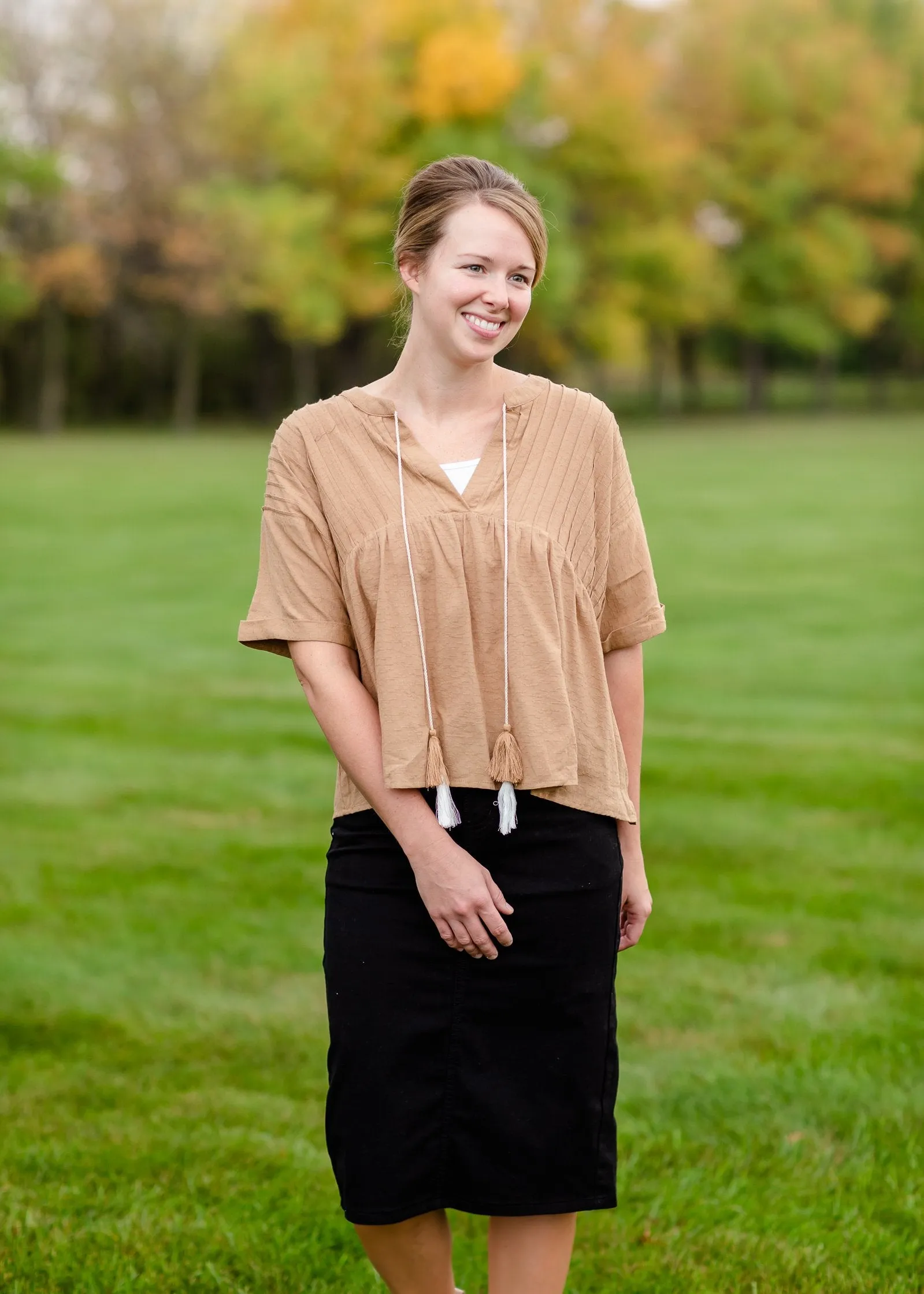 Pin-Tuck Textured Linen Tassel Half Sleeve Top - FINAL SALE