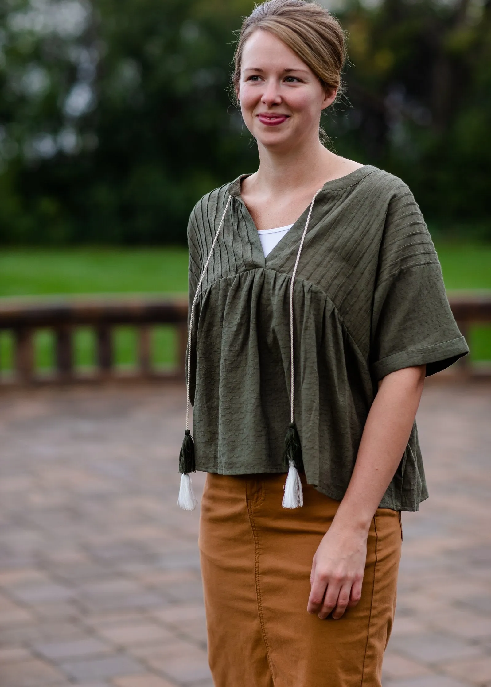 Pin-Tuck Textured Linen Tassel Half Sleeve Top - FINAL SALE