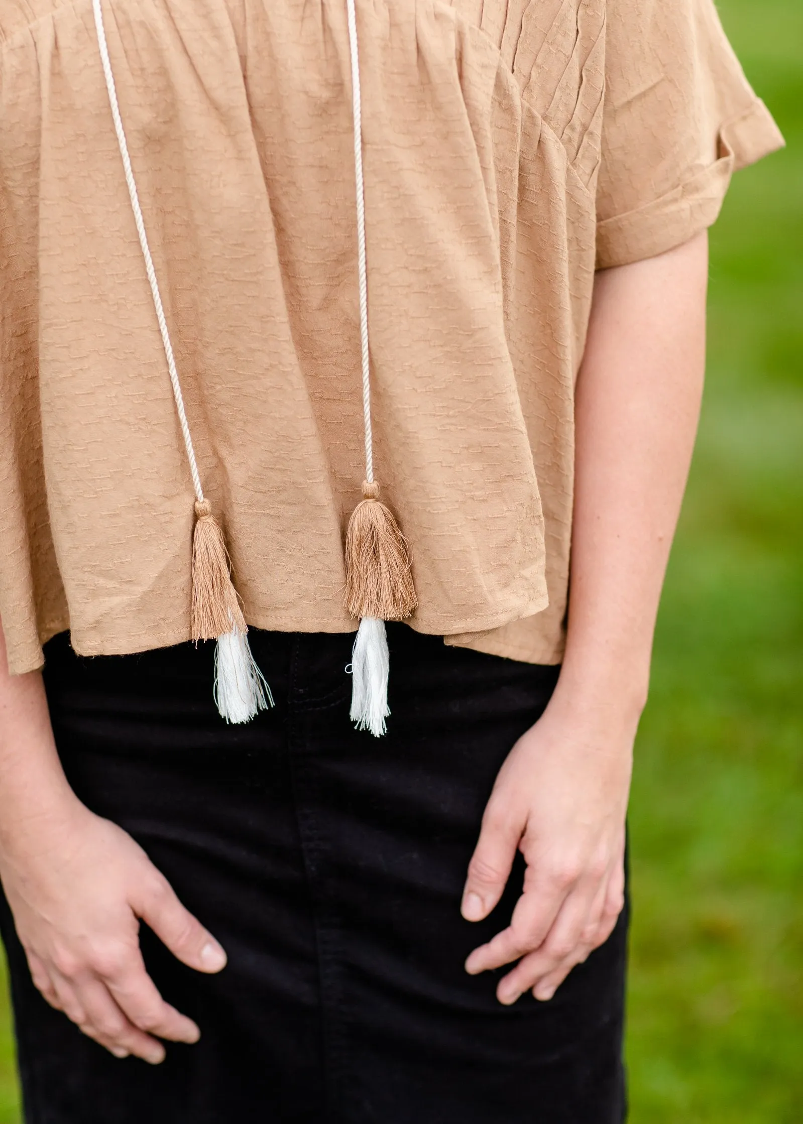 Pin-Tuck Textured Linen Tassel Half Sleeve Top - FINAL SALE