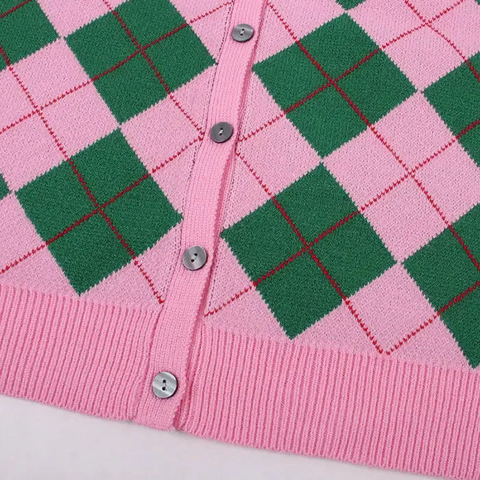 Pink Argyle Cardigan V-Neck Y2K Style Full Zip Jacket